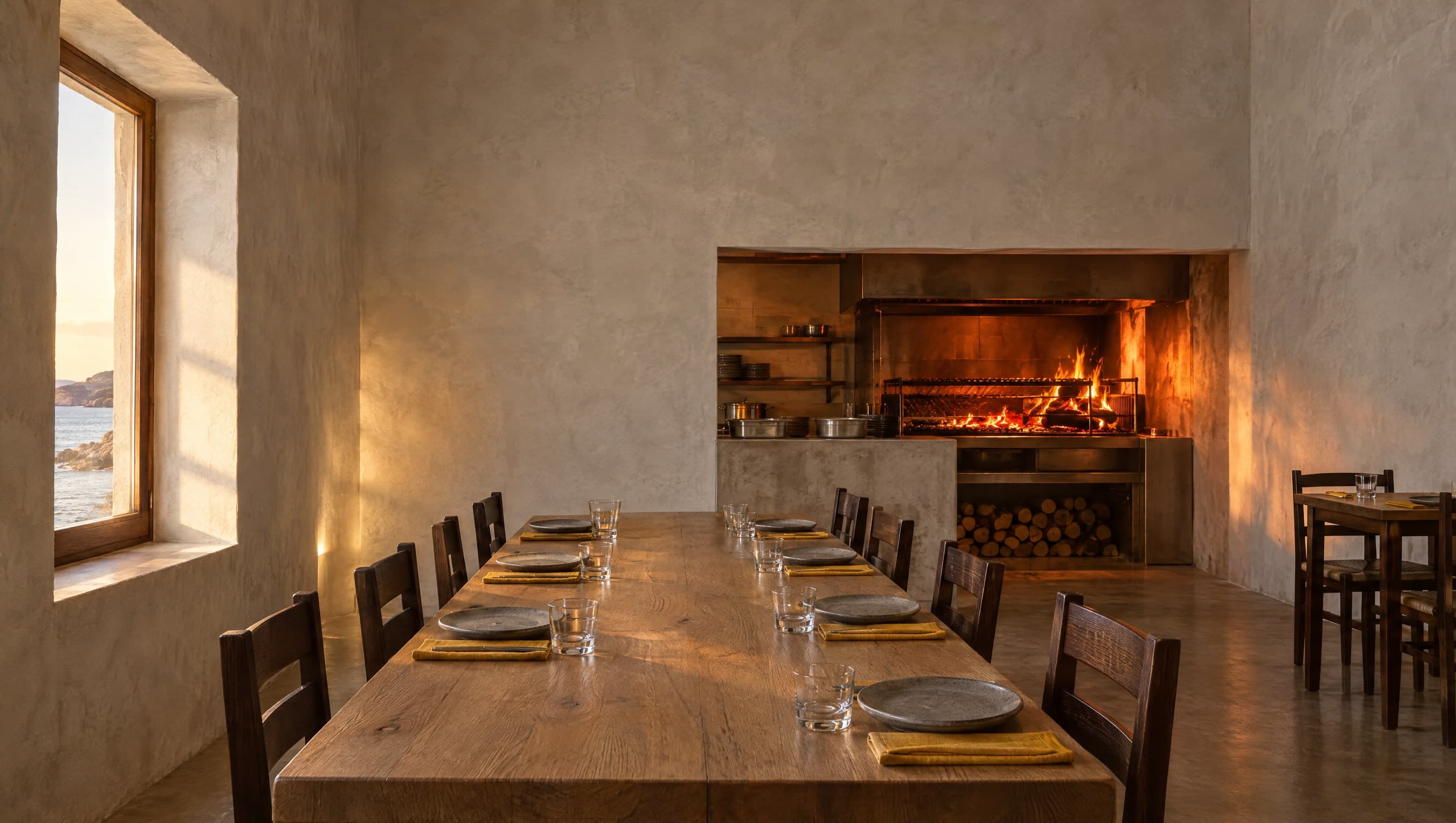 An empty dining room with lime-washed walls, a long oak table set for service and an open wood-fire kitchen glowing at the far end.