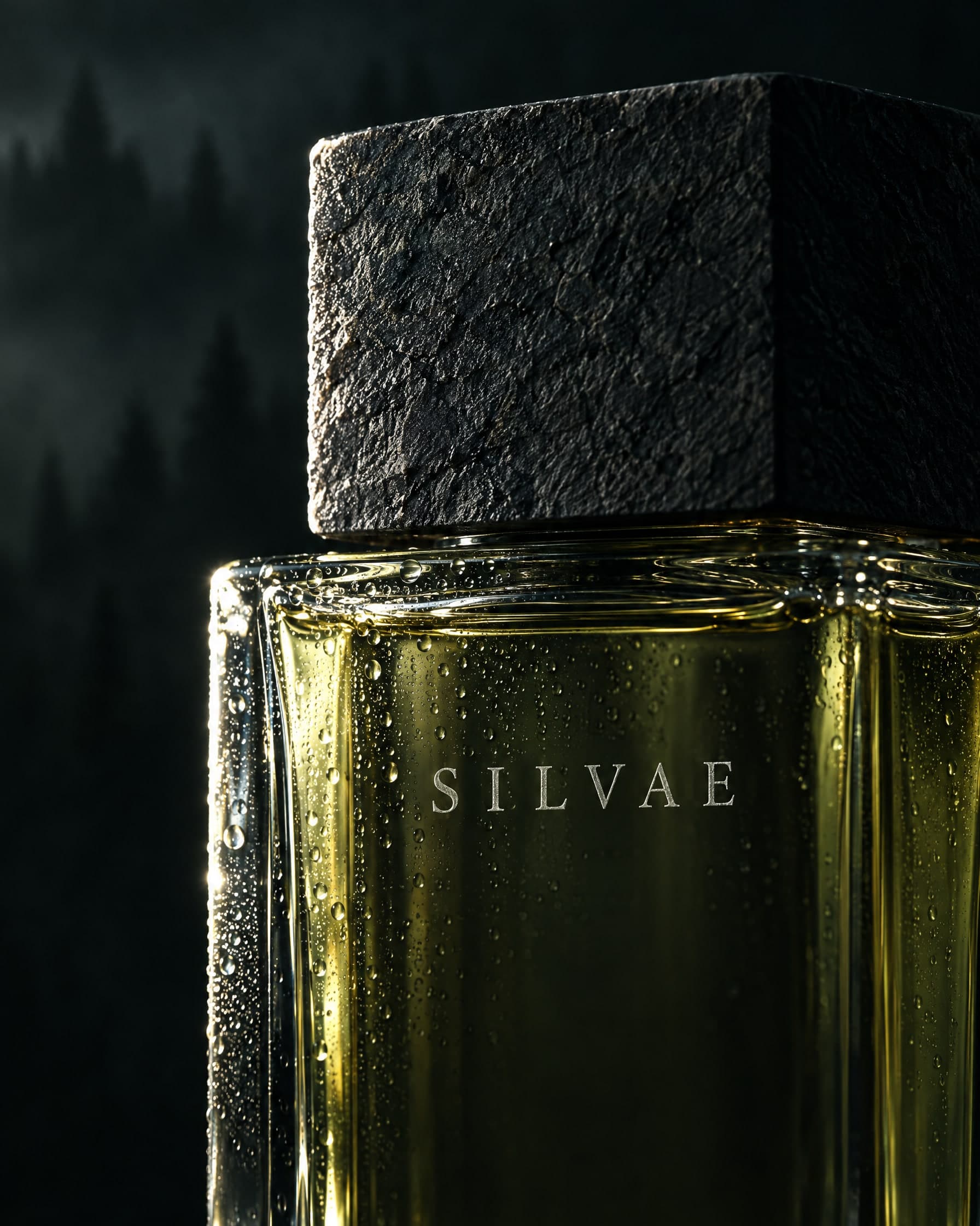 Close-up of the Silvae bottle: the rough stone cap, etched lettering and beads of mist on the glass.